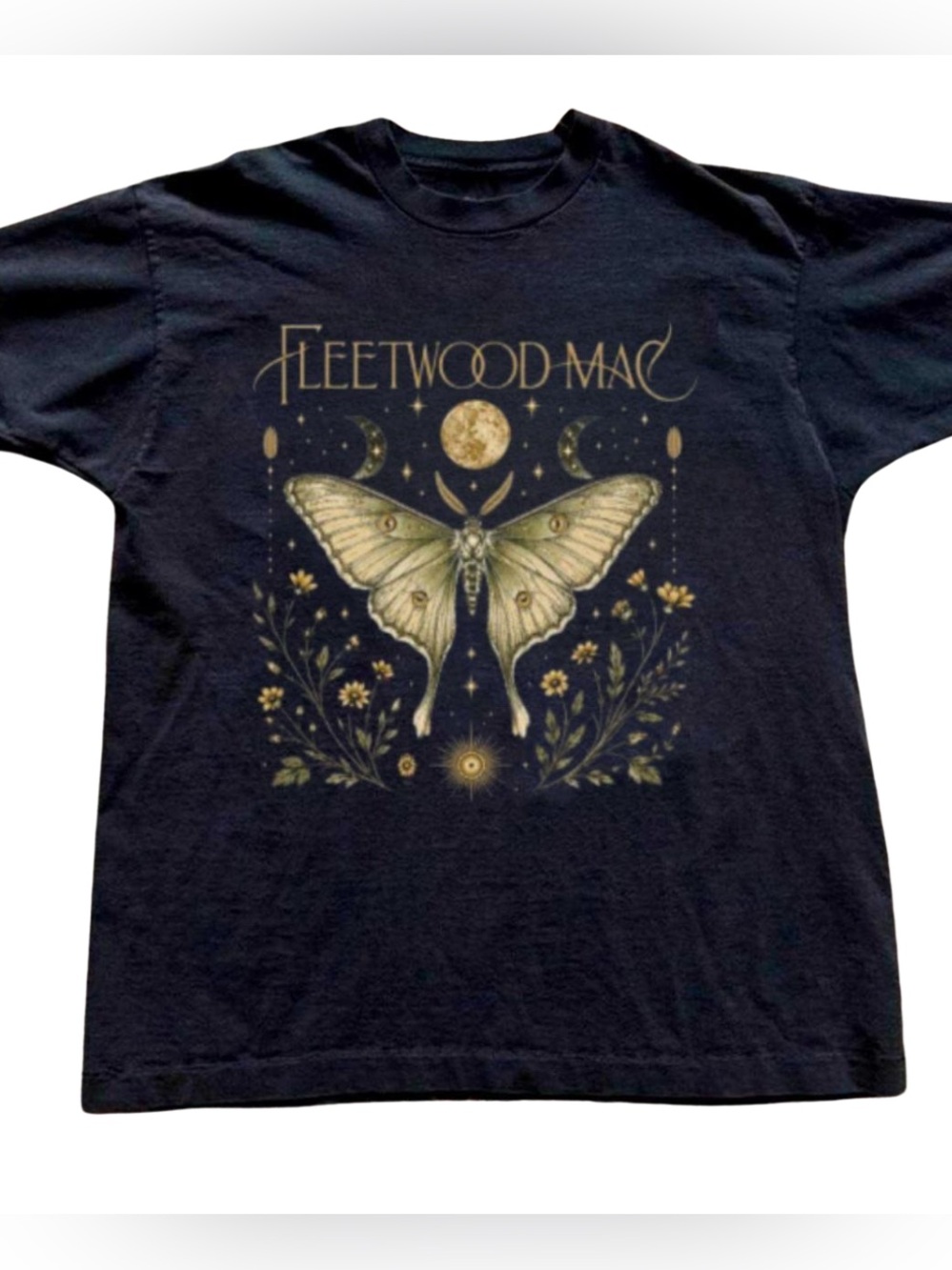 Gildan Black Butterfly Tee with Gold Moth, Moon & Floral Graphic